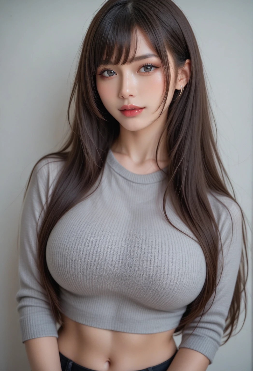 Very detailed, beautiful, highest quality, detailed beautiful round eyes, beautiful detailed face, Whole Body Ezbian, Medium Long Hair, Casual Hairstyles, (Random color hair, Golden mesh), Big eyes, Random color eyes, Long eyelashes, Thick mascara, Dark eyeliner, (huge chest), (Bust about to burst:1.4), Rich servings, Thick waist), (Wide Hips:1.4, Toned thighs, Body Curves), 40 years old, woman, (Turtleneck tight dress), Perfect Face, Perfect body, Sexy pose, (A shy smile), Random Location, nature, (Background Asahi), (alone)