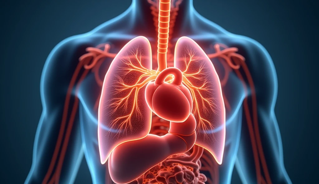 /imagine prompt: A simple illustration showing a human body with lungs highlighted, visualizing fluid buildup causing swelling in the lungs. Clear indication of edema with water droplets symbolically filling the lungs. Background: Neutral, clinic-like setting with a doctor pointing to the lungs, emphasizing the importance of managing fluid intake. Soft, warm lighting --v 6.0