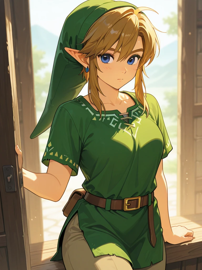 masterpiece, best_quality, 1girl, solo, link, the legend of zelda, tunic, hat, breasts,