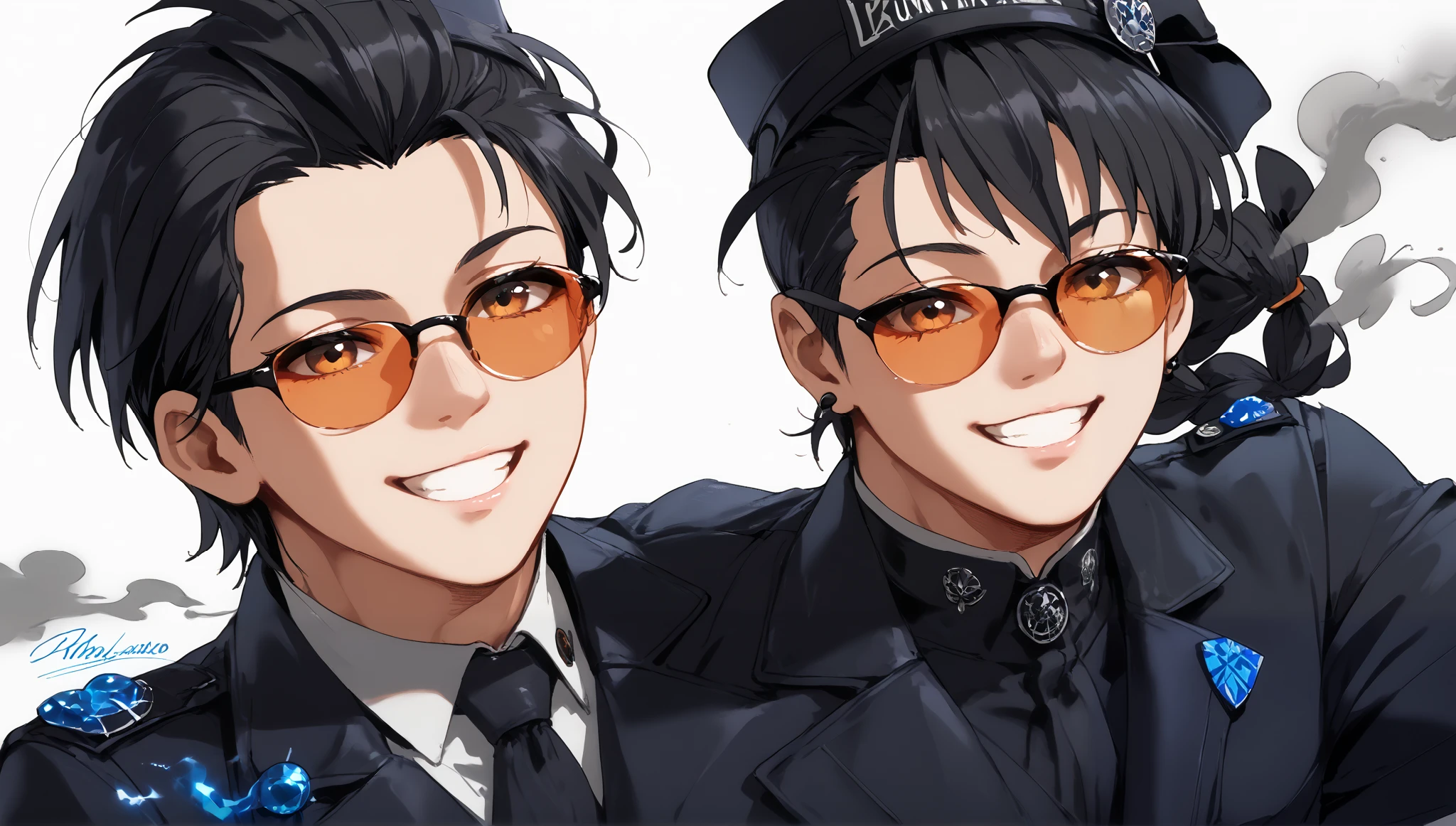 Kazuma as a stylish and laid-back anime character, wearing black sunglasses with a cool, relaxed expression and a subtle smile. His long black hair flows freely, and he is dressed in an effortlessly chic black outfit. Soft blue smoke surrounds him, adding an air of mystery against a plain white background. The name 'Kazuma' is displayed in large, bold letters at the bottom right, emphasizing his significance. The artwork features vibrant colors and detailed expressions, creating a soothing and confident atmosphere with focused lighting and gentle reflections for depth. #00000006:0.8 #ema8yhsntz:0.24 #st5uvw6xyz:0.24 #a5ascjnikj:0.24