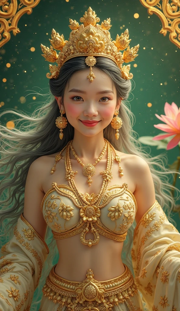 ((Top Quality)), ((Excellent)), (Details), ((Pārvatī)) , ((Pārvatī is a Hindu goddess)),((The consort of Lord Shiva)) ,((Paradise)), Gold Robes ,((Many lotus flowersn)), ((nice hands)), ((perfect hands)) , Goddess, upper body,Sunrise, Ultra-Realistic, Stunning Environment, Bright Colors,Blue Eyes ,((topless)) , ((Halo)) ,((Lots of bubbles)),