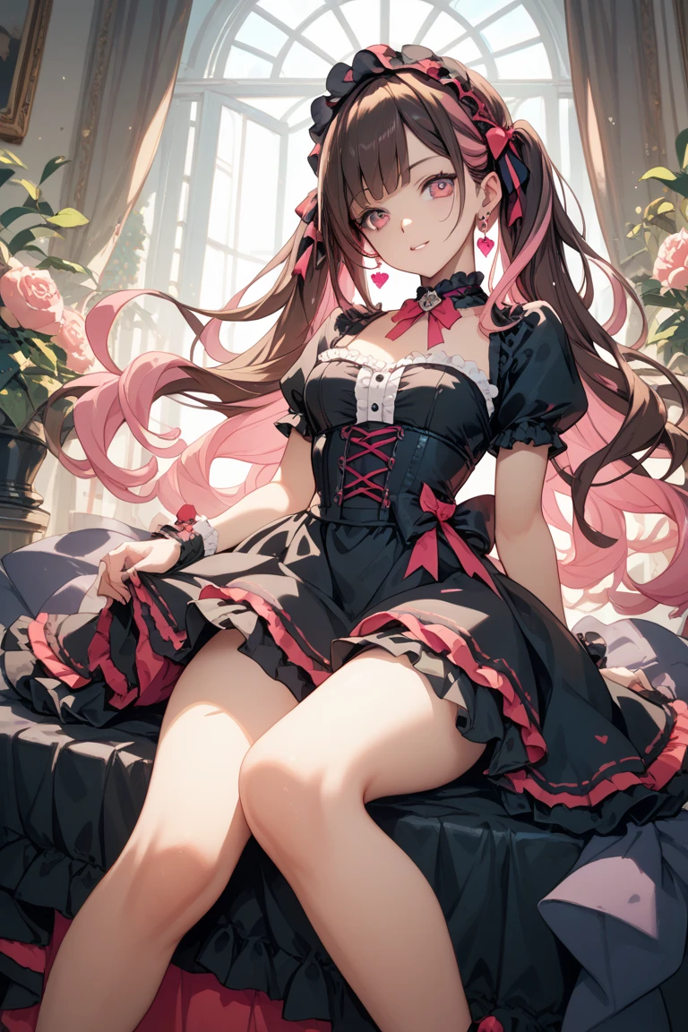 score_9, score_8_up,score_7_up, (Masterpiece, BestQuality,ultra highres),girl,tween,sitting,(fashion Magazine gravure),(wearing pink babydoll fashion,heart belt choker bijou blouse,heart pearl buckle ruffle skirt,millefeuille lace high socks,ribbon pumps, bijou ribbon,), BREAK eyes with large brown irises, blunt bangs, fresh lips,pumps focus, beautiful lighting, volumetric lighting, dynamic angle, (portrait), sharp,