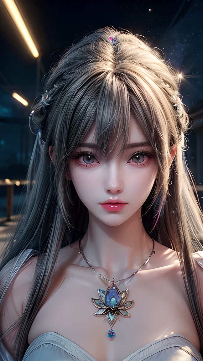 Close-up of a woman with colorful hair and necklace, anime girl with hair like space, soft brightness, Gouvisa style work, fantasy art style, colorful],  bright fantasy style , cosmic and colorful, Gowez, colorful digital fantasy art,  magical art style , beautiful anime style,  White Skin, pajamas,Height,, beautiful bridge background attracts viewers,shine, sexy, Fashion,wide image capture,all over the picture, Shadow game, clear color,  masterpiece, full depiction of details, spark, Divinity, Score_9,Score_8_up,Score_7_up,dramatic lighting,Highly Detailed, High Budget,Bokeh,movie projection system,moody,epic,gorgeous,film particles,Granular, masterpiece,is the best quality, Perfect Anatomy,very aesthetic,official art, 8,000,