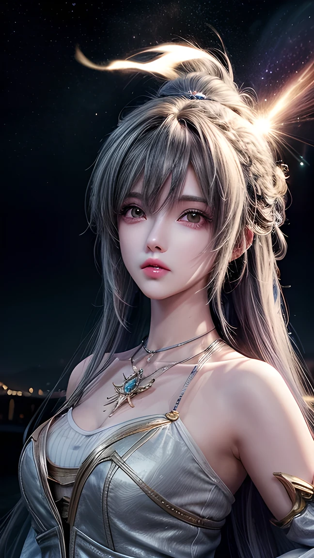 Close-up of a woman with colorful hair and necklace, anime girl with hair like space, soft brightness, Gouvisa style work, fantasy art style, colorful],  bright fantasy style , cosmic and colorful, Gowez, colorful digital fantasy art,  magical art style , beautiful anime style,  White Skin, pajamas,Height,, beautiful bridge background attracts viewers,shine, sexy, Fashion,wide image capture,all over the picture, Shadow game, clear color,  masterpiece, full depiction of details, spark, Divinity, Score_9,Score_8_up,Score_7_up,dramatic lighting,Highly Detailed, High Budget,Bokeh,movie projection system,moody,epic,gorgeous,film particles,Granular, masterpiece,is the best quality, Perfect Anatomy,very aesthetic,official art, 8,000,