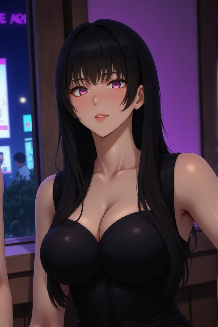 raw photo, full body, standing, on a balcony, nighttime, holding a drink, choker, bare shoulders, tight purple dress, <lora:ddcsunbae:.85>, cleavage, long hair, huge breasts, black hair, open mouth, mole on breast, green eyes, mole under eye, purple hair, mature female, thick thighs, curvy, wide hips, slight smile