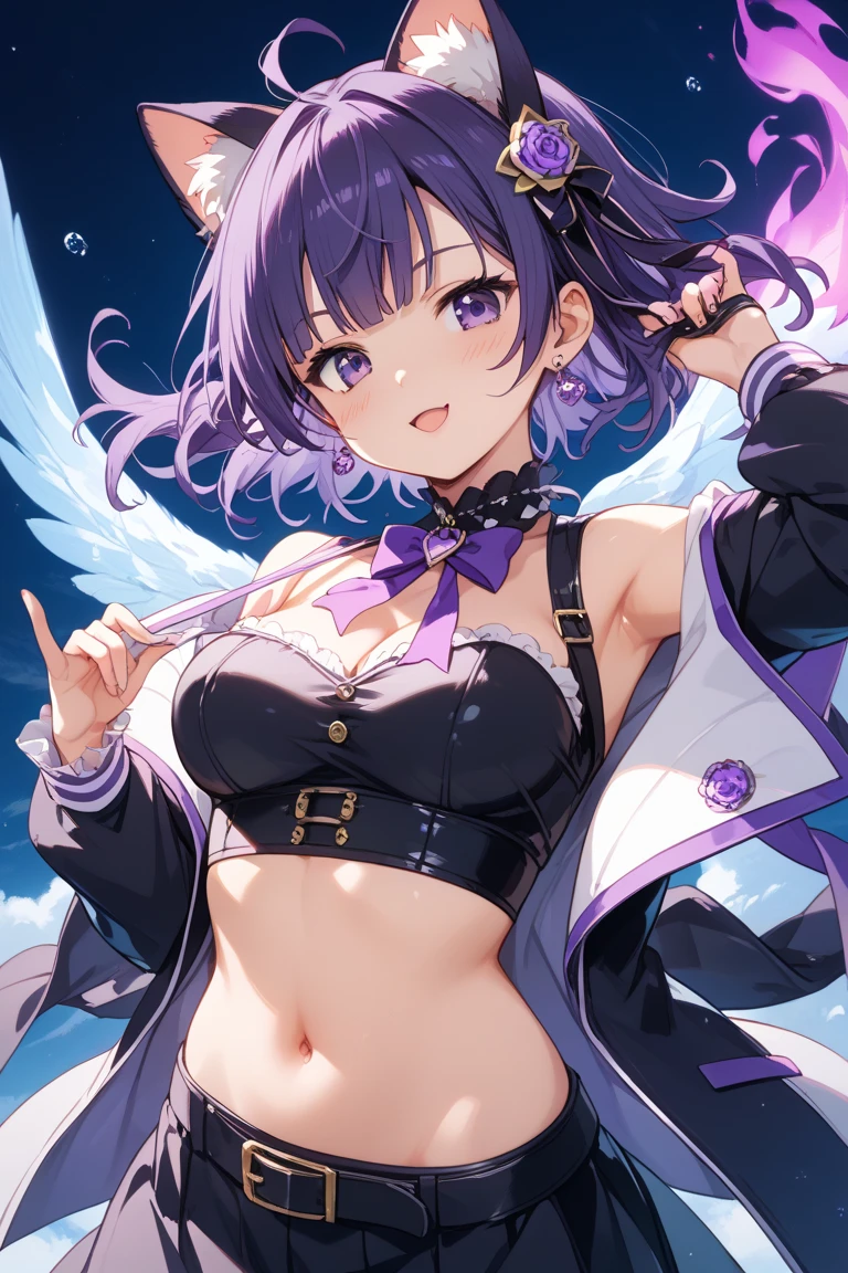 Party girl, short purple hair, hair accessories, smile, skirt, stockings, party, big breasts, exposed belly, short skirt