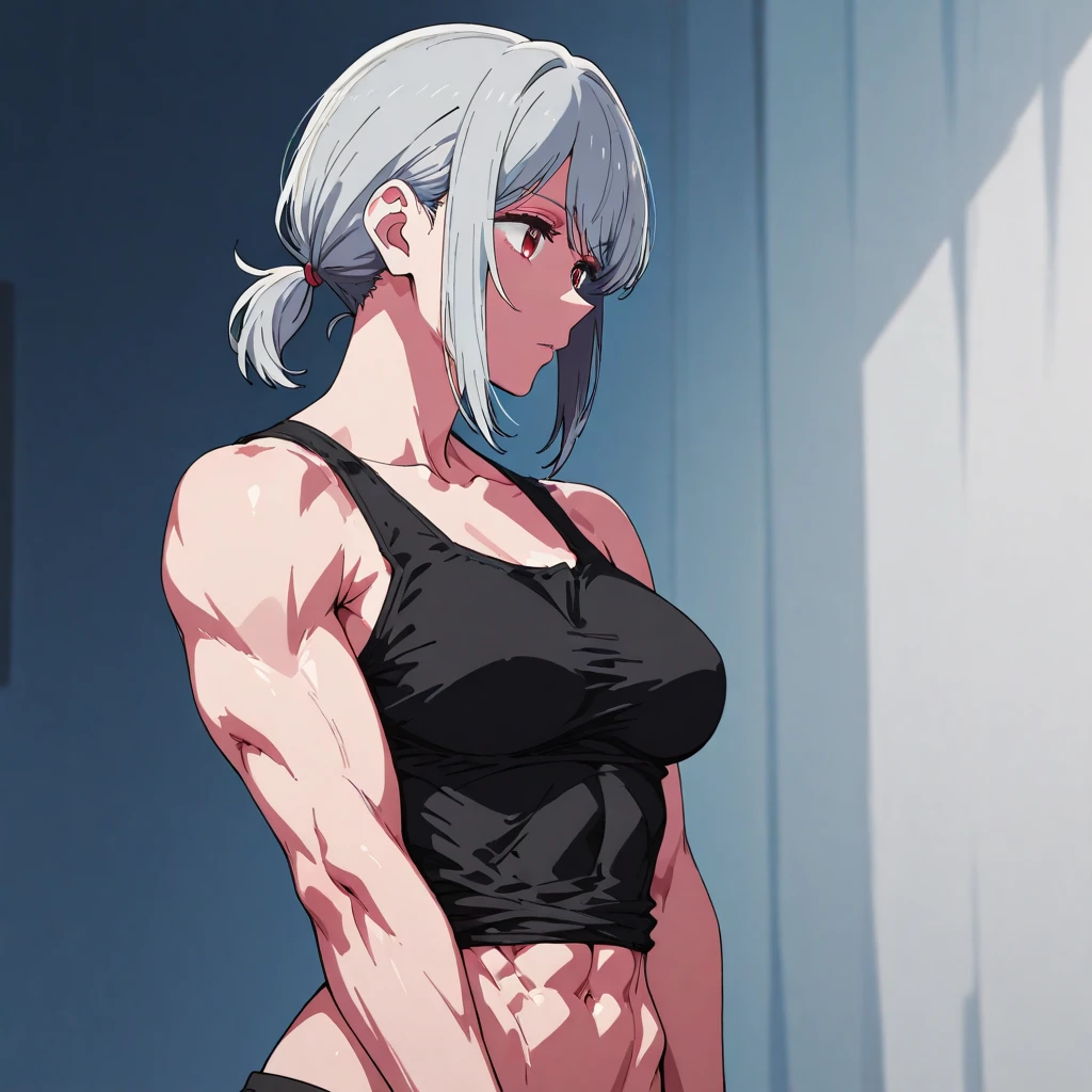 Curvaceous but slender、Muchimuchi Body、Muscle Training Girls、Physical beauty、disheveled hair、Unique fashion、Unexpected camera work、Unique camera work、(top-quality、hight resolution、8k、masterpiece:1.2)。Muscular short-haired woman in beautiful rough clothes、I train during training sessions at a muscle training facility。Muscles are trained arms and back、Stand out on the legs。Her sweat is a testament to hard work、The contours of the muscles are beautifully revealed.。The lighting in the training room where you can see the night view of one of the rooms of the skyscraper is、Give her a soft glow like a Hollywood actress、Her dedication and determination are felt。Posters of bodybuilding competitions and celebrity quotes are pasted on the walls of the gym.、She is pushing her limits with a powerful expression.。however、In the immediate vicinity is a vicious perverted macho gentleman who targets her body.。