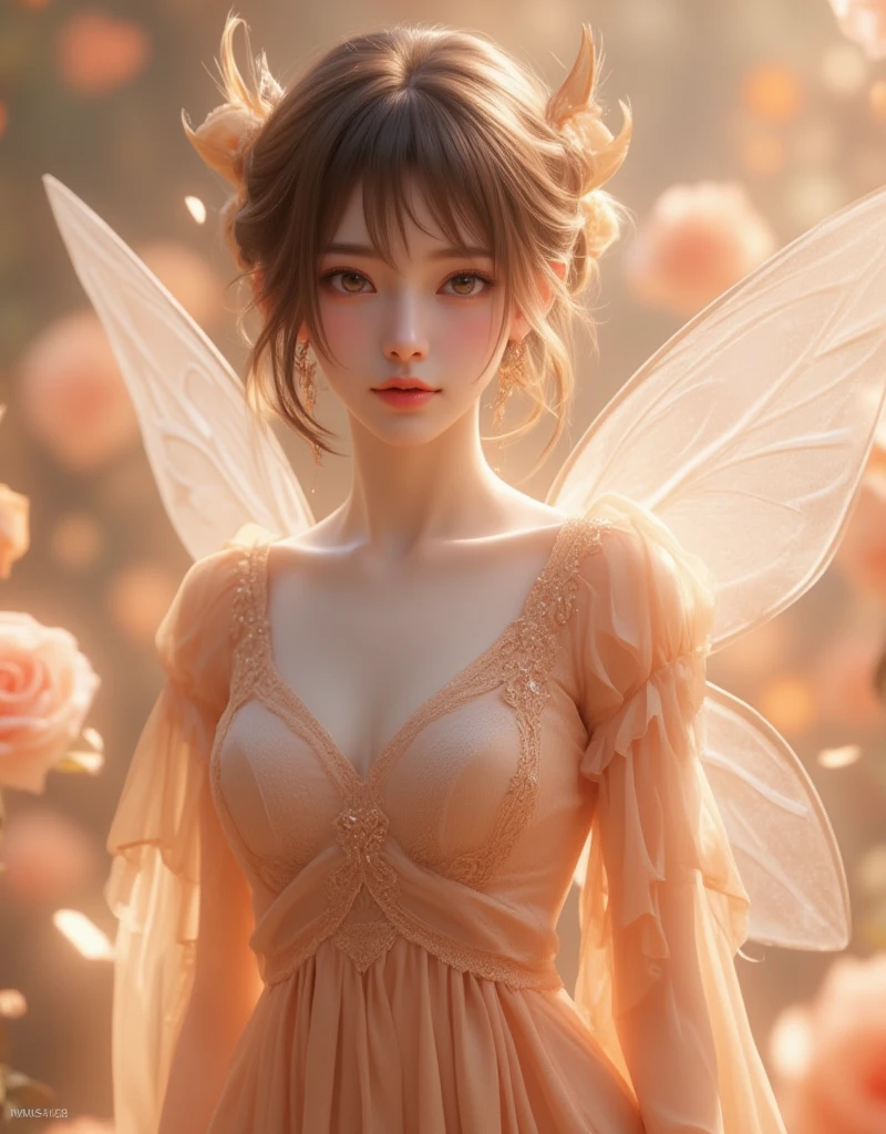 masterpiece、Falling into the human world、Beyond reality、Describe angels trying to adapt to modern human life、Including the moral challenges they face,((Beautiful flowers and butterflies on background々There,A colorful world)),Super detailed and accurate,The color of the dress is pink、A melancholic look、Enveloped in light、