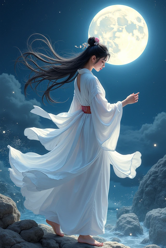 Behind Chang'e is the Moon Palace, she is standing on the moon holding a rabbit in her hand, facing the camera with her face straight away, and behind her is the universe, and there is a big satellite in the universe