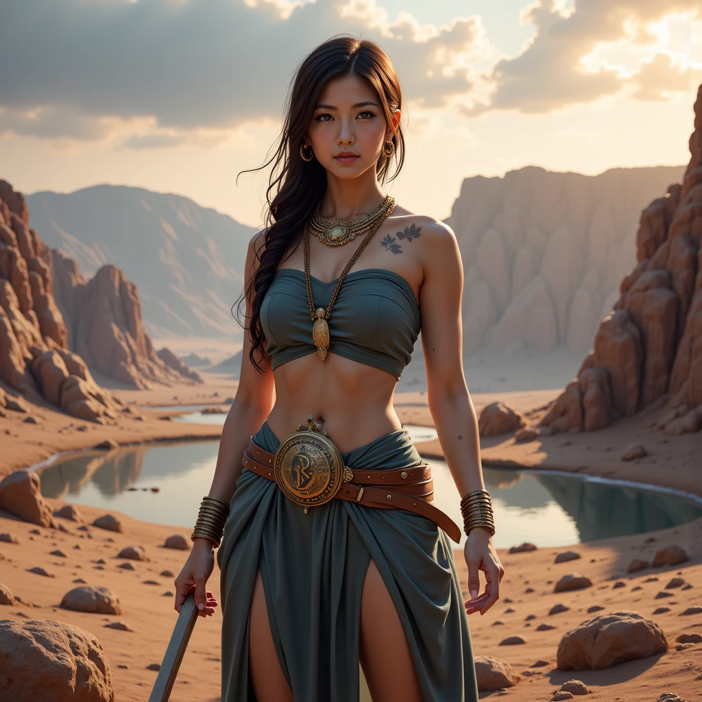 Arafi woman in desert clothing holding a sword, Movie goddess shots, artgerm Moody Photography, desert wind, The Mighty Princess of the Wasteland, fantasy style 8 k octane render, cgsociety 8k, cgsociety 8k, Desert Fighter Mage, cgsociety 8 k, Fantasy Characters Photos, CG Club, Movie goddess full body photo