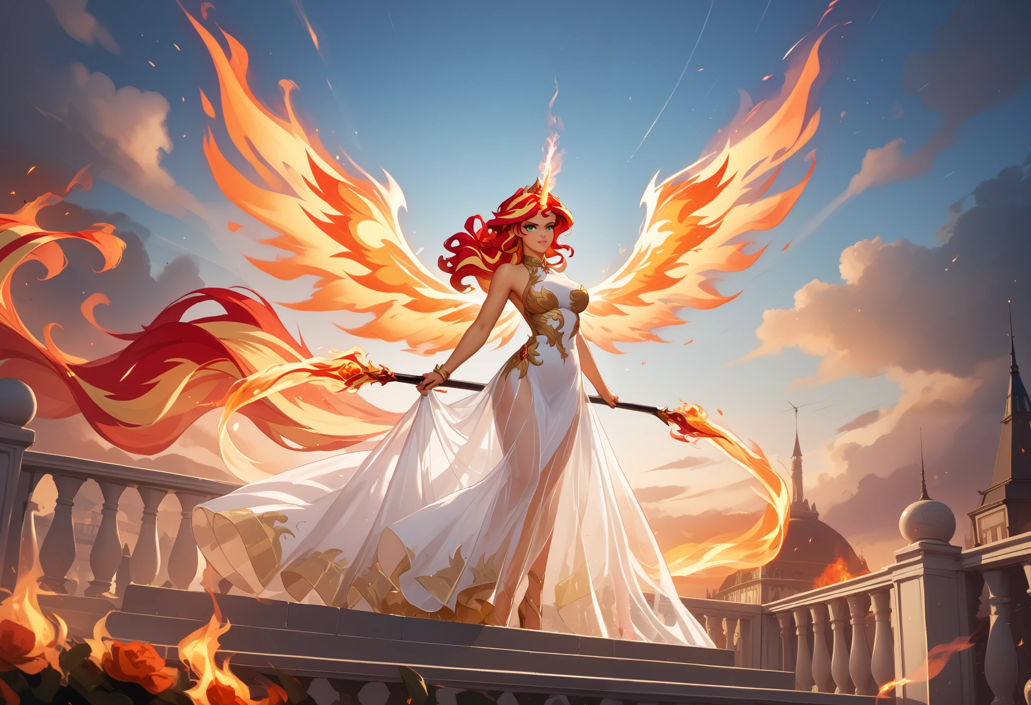 1girl, descending from the sky like an angel, Sunset Shimmer, daydream shimmer, wearing a long flowing dress, sheer silk dress, , clothes on fire, hair on fire, upswept hair, ethereal unicorn horn on her forehead, ethereal wings spreading out from her back, intense expression, badass, bailing_fire, A girl made entirely of flames stands