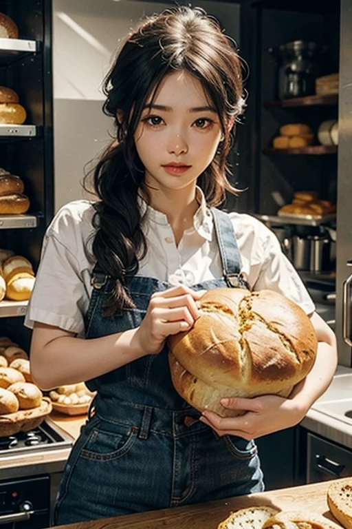 masutepiece、hight resolution、The bakery of the future、Woman making delicious bread、25Year old girl、1Girl clerk、Looking at the camera、smil、Finish as shown in the photo、Bread and beauty、the skin is white and beautiful、Hair is short