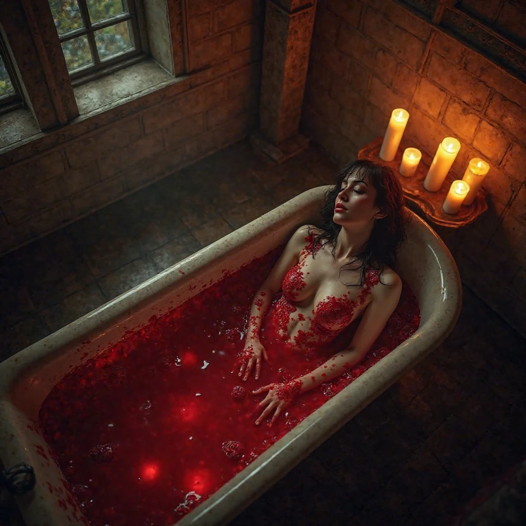 an old woman inside from a bathtub, red water, eyes closed, with red candles above the bathtub , dark, red symbol painted on the bathroom wall,