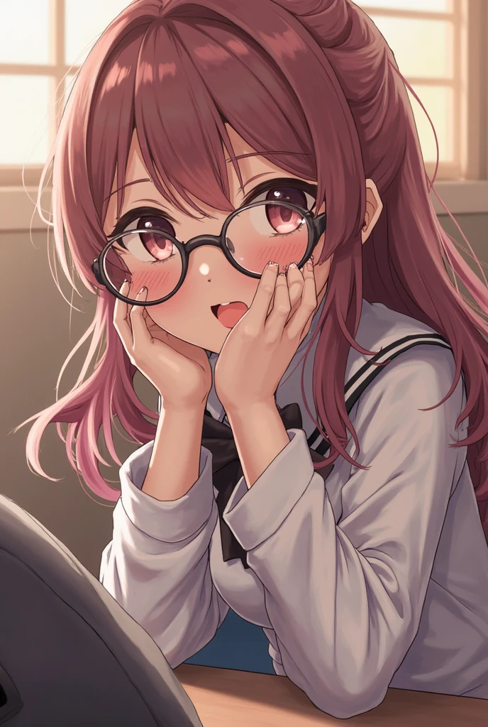 Mie Ai、1 girl、Wavy hair、glasses、small breasts、he is short、、High resolution、highest quality、detailed face、detailed eyes、white pantie,miniskirt,squatting,open legs,srpead legs