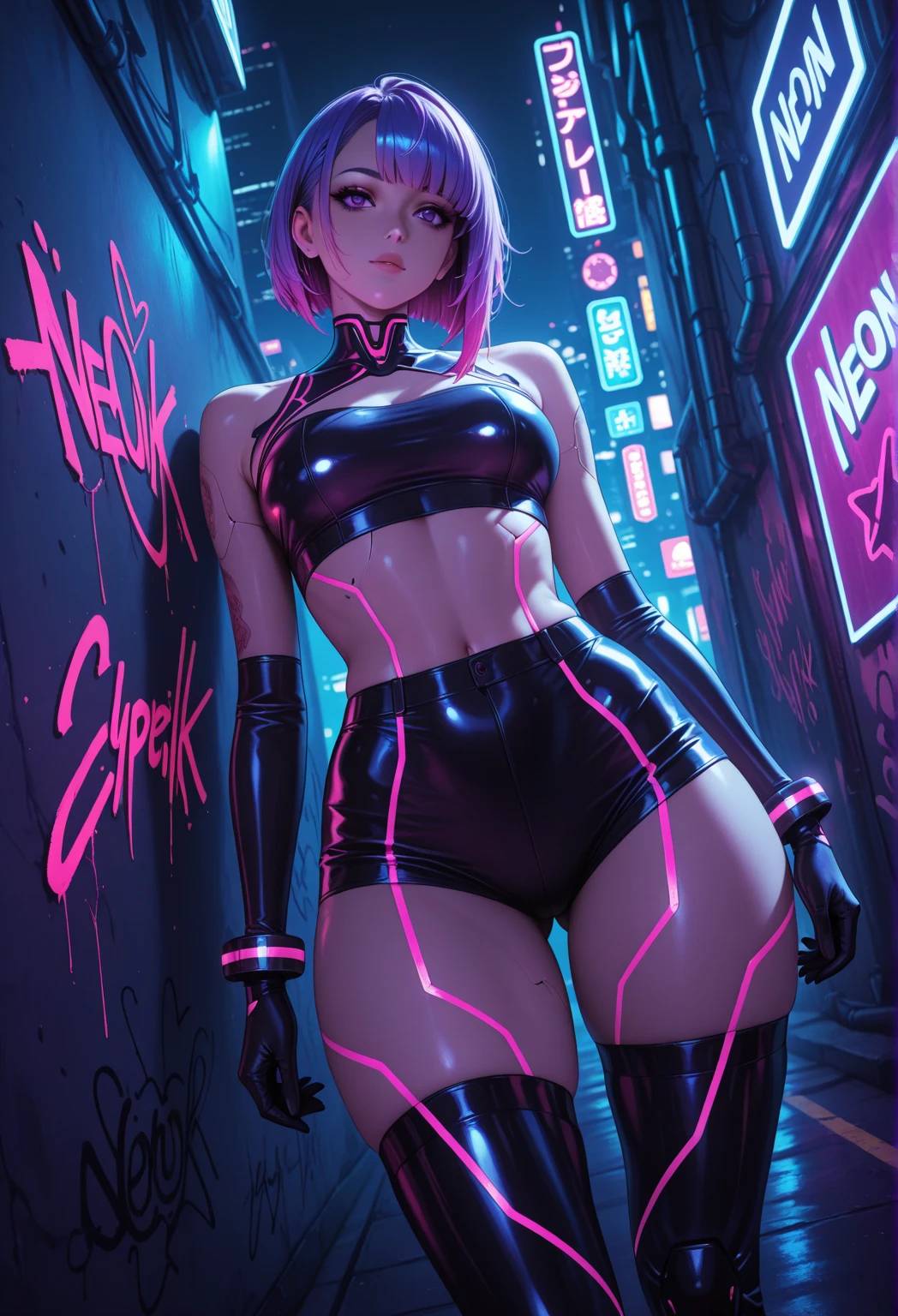 Beautiful, women, Cara pink, yellow eyes, by white, Skinny body, pose sexy, pink stockings, mecha, neon sign, led night city, seen from above, high quality, realist, beautiful light, full detail, fondo negro long purple hair holding a stripper pole