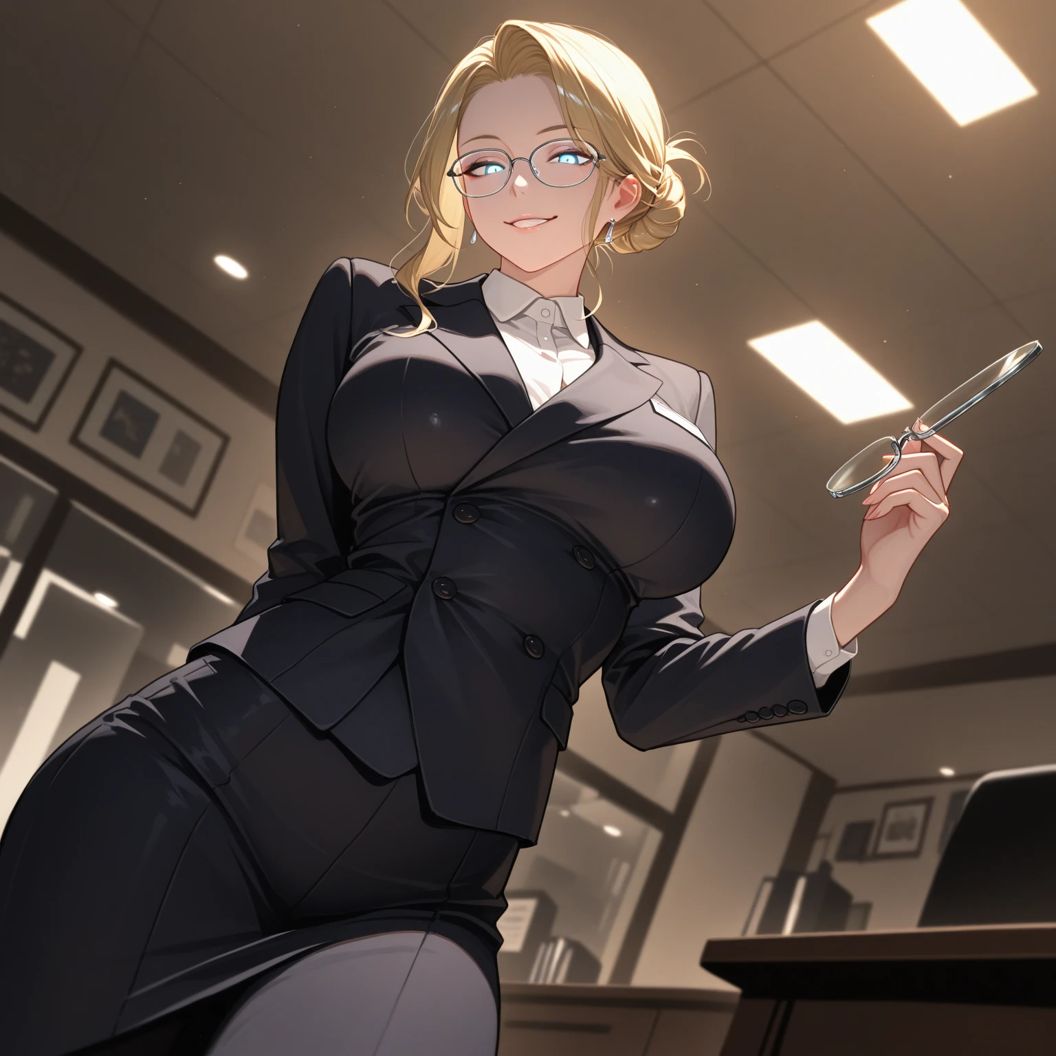 natural makeup, big tits, seductive, motherhood, at_the_CEO_office, looking at the audience, curvy, sexy, full body, CEO lady, (mature woman, milf: 1.1), solo, (curve: 1.1), milf, modern office background, high heels, blonde hair, bob haircut, nfsw, stand, tube dress, short skirt, shot from above