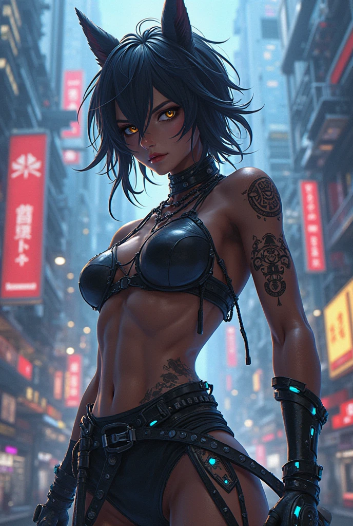 Generate a science-fiction anime character with brown skin, in a cyberpunk environment