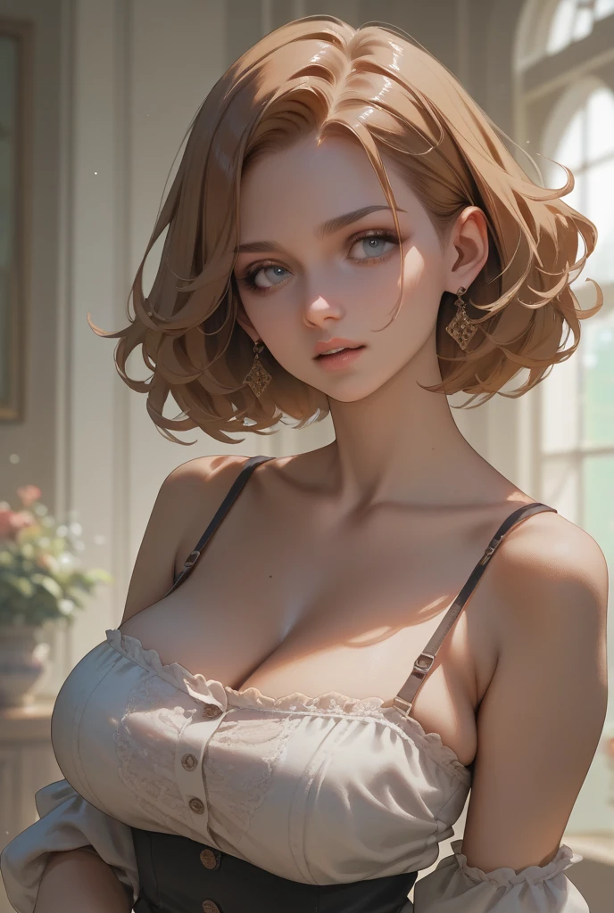 A woman young, short and sultian shots, skin black, portraite, practical, greeneyes, short wavy reddish hair, breasts big, 4k resolution, high quality CG, linda cg, smooth light,