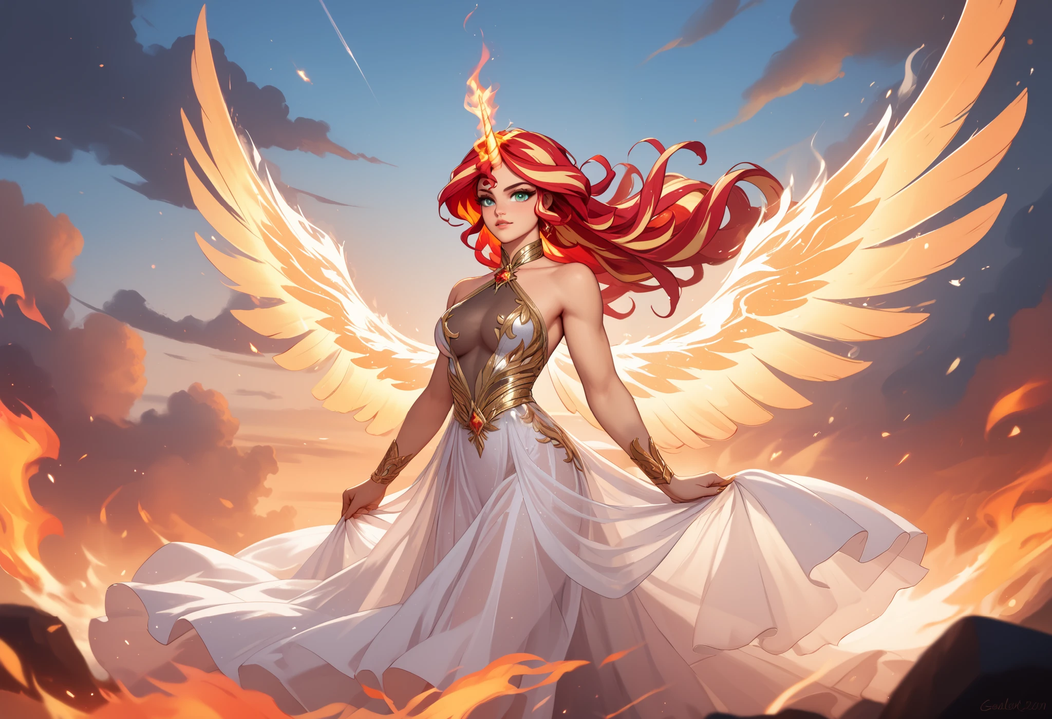 1girl, descending from the sky like an angel, Sunset Shimmer, daydream shimmer, wearing a long flowing dress, sheer silk dress, transparent clothing, clothes on fire, hair on fire, upswept hair, ethereal unicorn horn on her forehead, ethereal wings spreading out from her back, gentle expression, badass