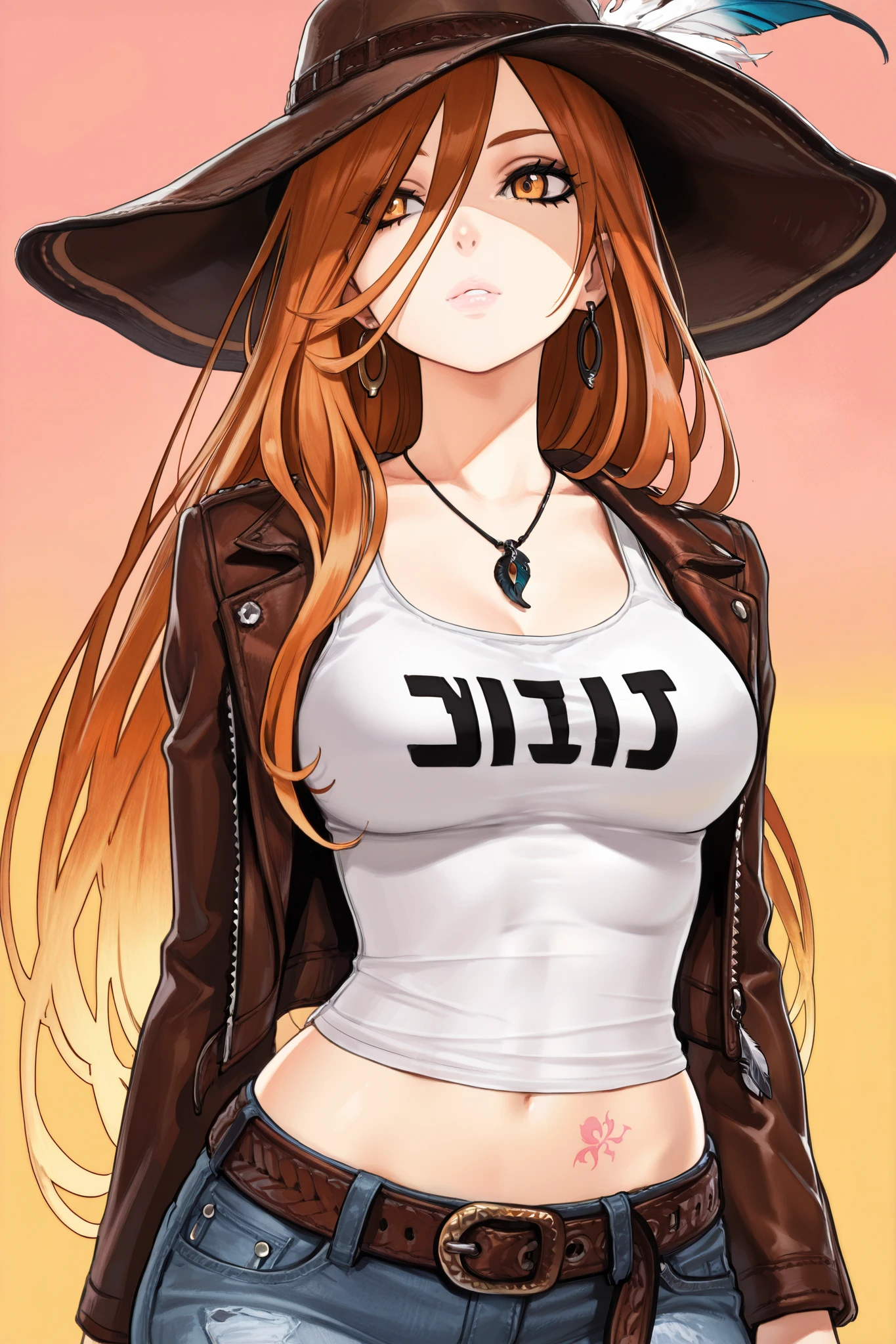 masterpiece, best quality, amazing quality, newest, very aesthetic, 1girl,Vibrant, stylized anime illustration featuring a female character with a confident pose. She has light skin and long, flowing hair partially covered by a large hat. Her facial features are partially obscured by the hat, adding a sense of mystery. She wears a brown leather jacket over a white tank top with a graphic design, and her midriff is exposed, revealing a tattoo on her lower abdomen. The character is accessorized with a necklace featuring a feather pendant. She is wearing distressed jeans with a belt. The background is a gradient of pink and yellow with faint outlines of other characters' faces, adding a dynamic element to the composition.