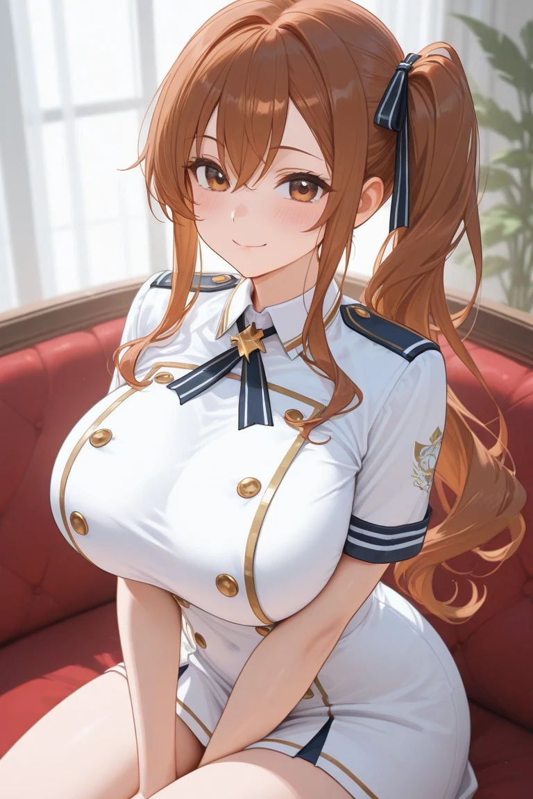 Anime - style image of a woman in a blue and white uniform, Enchanting anime girl, , Beautiful anime school girl, Marin Kitagawa Fanart, [ 4k digital art ]!!, Beautiful and attractive anime teen, Smooth anime CG art, Attractive anime girl, Cute anime waifu in a nice dress, Surreal 、Camel Toe、Giant tit、?????? Puffs、Cleavage、Plump、Super big breasts、Super big butt、Tight clothing、Smile、((tie))