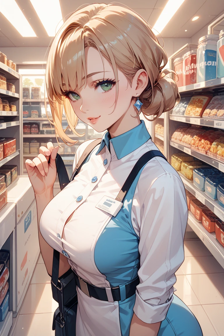 masterpiece、highest quality、be familiar with、1 female、18-year-old、blue eyes、blonde、black skin、(((oil skin))),shiny skin, short hair、Oversized Shoulders are out シャツ、Seductive thighs、big breasts、big breasts、A woman went shopping、Angle from above、embarrassed face、from the front、upward glance、background bokeh、In front of the convenience store cashier counter、A girl who came to buy condoms、Place condoms and alcohol on the cashier counter、((照れた顔、赤面、恥ずかしそう))