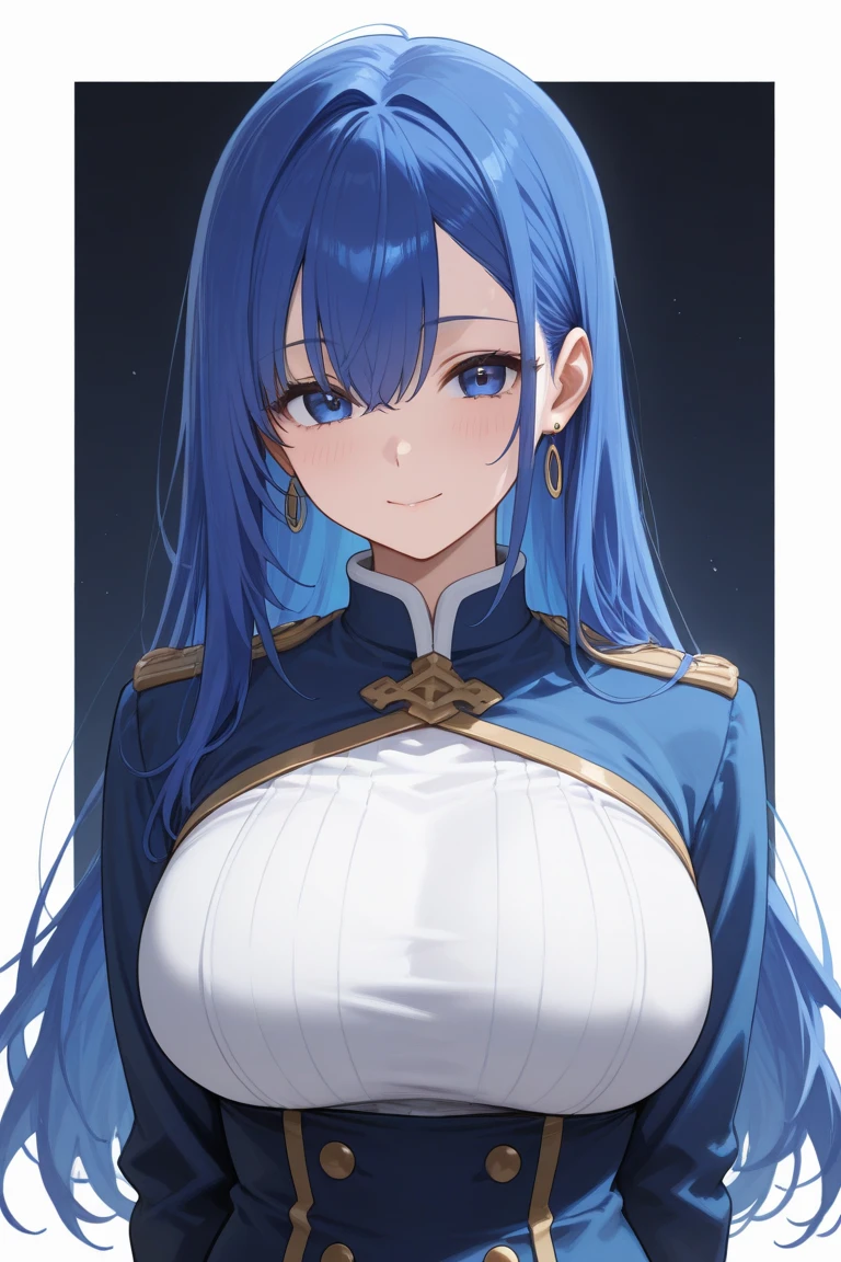 Torn priestess uniform、Blue-haired、white line hair、Beautiful woman with big breasts、carry a sword、I can see my chest a little、Blue eyes、The background is a shrine、