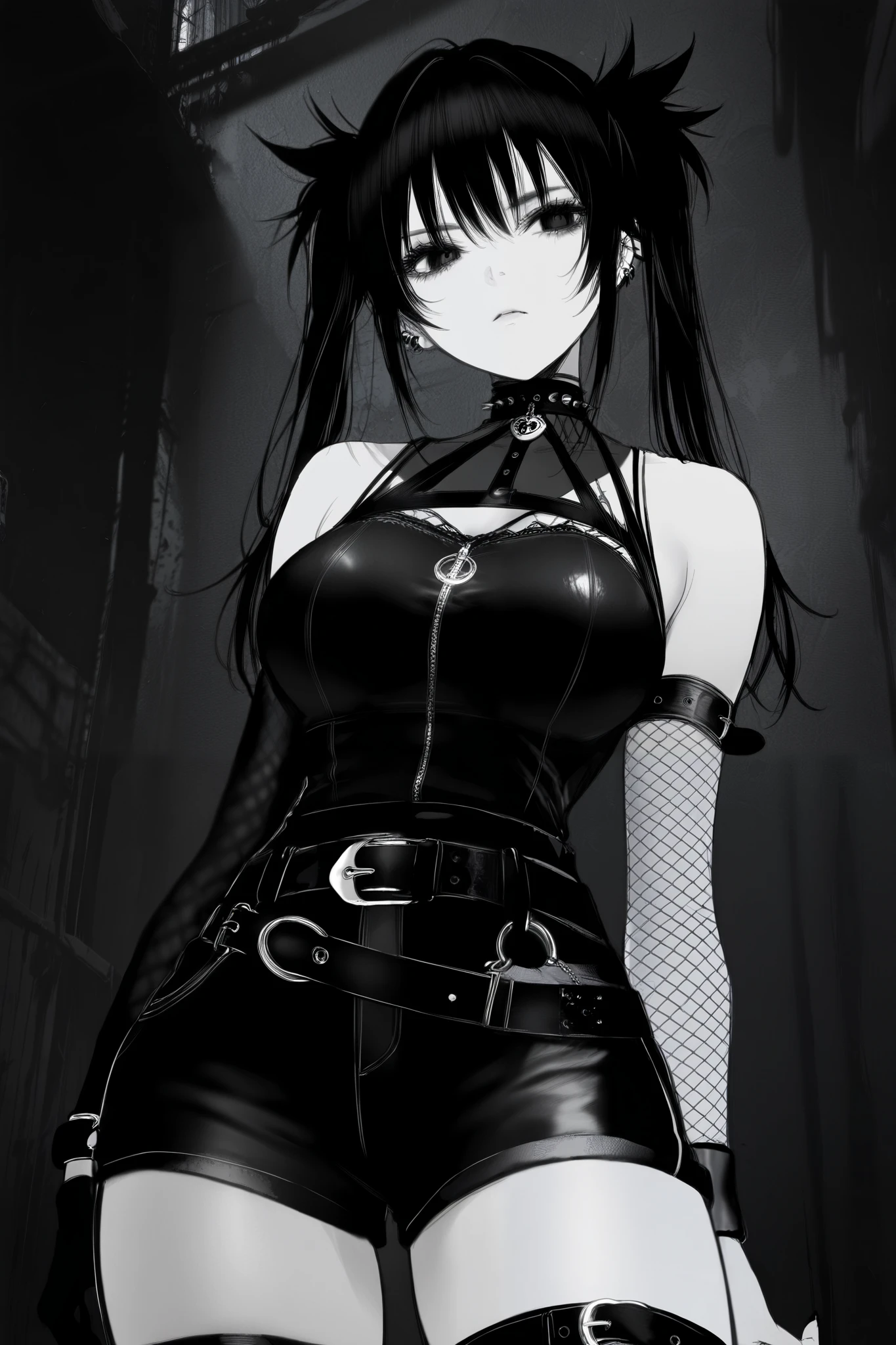 masterpiece, best quality, amazing quality, newest, very aesthetic, 1girl,Image is a black and white manga-style illustration featuring a female character with a distinctive punk or goth aesthetic. She has spiky, dark hair styled into two high pigtails, and her facial features include large, expressive eyes and a small mouth. Her skin appears light in the monochrome palette. She is wearing a sleeveless, tight-fitting black top and fishnet arm sleeves. Her lower attire consists of dark shorts with a prominent belt featuring a large, round buckle. Additional accessories include a choker and a wristband, contributing to her edgy appearance. The overall composition is dynamic, with a focus on the character's confident and slightly rebellious pose.
