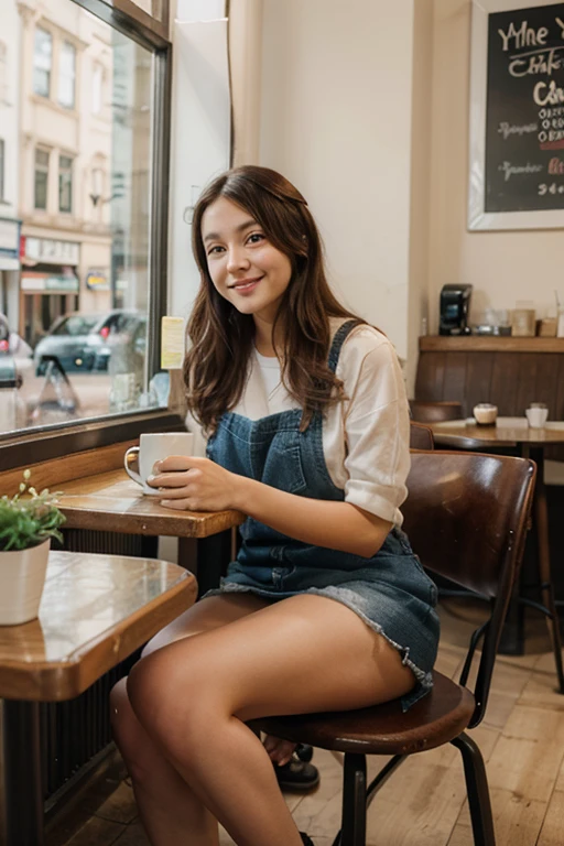 Girl sitting on chair with round table, both hands holding a cup of coffee, coffee shop background, colorful interiors, people around,