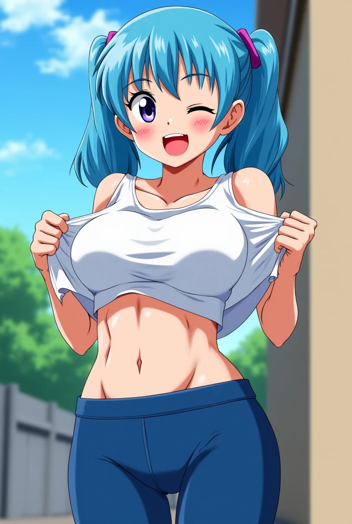  score_9, score_8_up, score_7_up, BREAK from front, ,macro shot,1girl,bulma, blue eyes, blue hair,bare shoulders, belt, cleavage, hair bobbles, hair ornament, hair over shoulder, (big breast),midriff, navel, one side up, red tube top, shorts, side ponytail, (strapless, tube top,under_boob:1.2),(arms up,arms uo behind,contrapost,standing),
