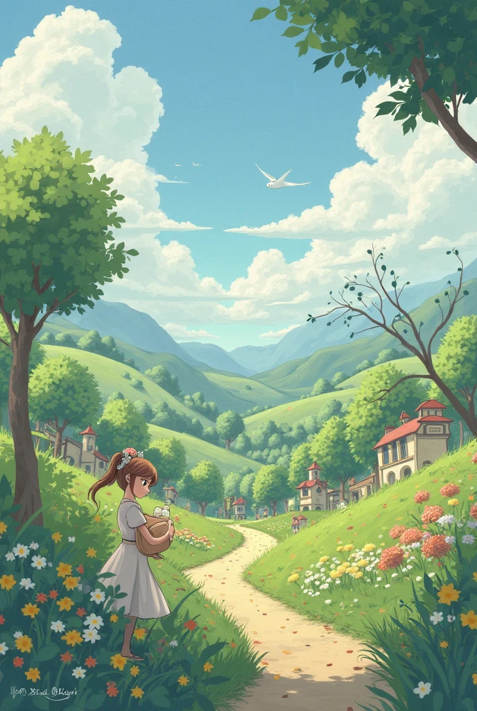 Prompt: An incredibly charming little girl carrying a backpack, accompanied by her adorable puppy, enjoying a lovely spring outing surrounded by beautiful yellow flowers and natural scenery. The illustration is in high definition at 4k resolution, with highly-detailed facial features and cartoon-style visuals. --auto