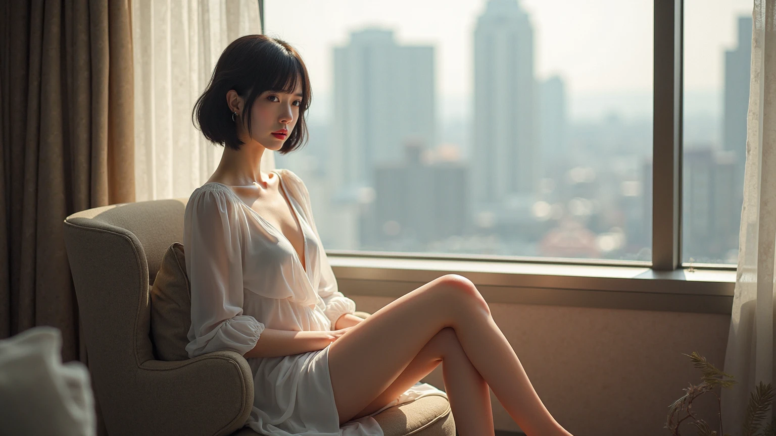(masterpiece, 1girl, Japanese, 4, short black hair, (sitting by window, legs spread:1.3), luxury city hotel room, soft lighting)
