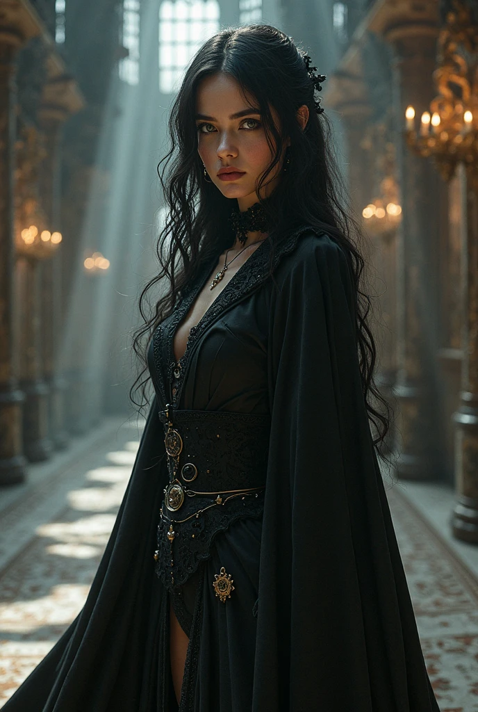 1 woman, European face, European eyes, dancing in a medieval town, ultra detailed face and eyes, hyperrealistic, detailed representation, long black hair, pretty face, 30 years old, wearing a long black baroque dress, wearing a long black baroque dress, dancing at a gothic festival, gothic Style, full body view