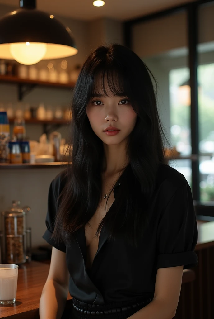 Image with quality that looks real VERY realistic and natural 4k hd, a Korean woman with long straight black hair and very beautiful wearing a black blouse