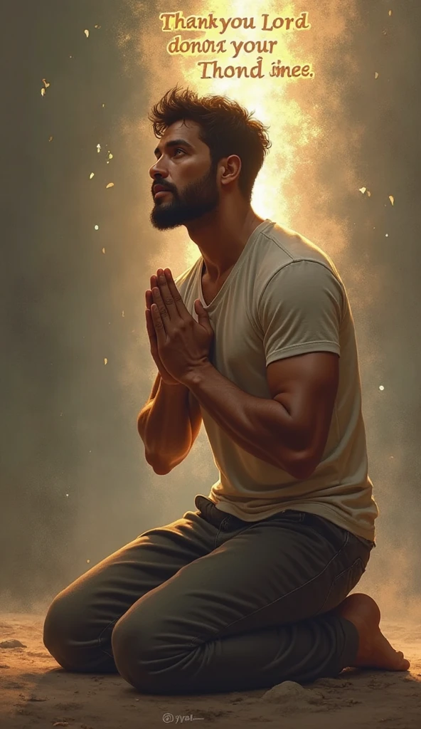 Strong man kneeling。Aura of Life。prayer。