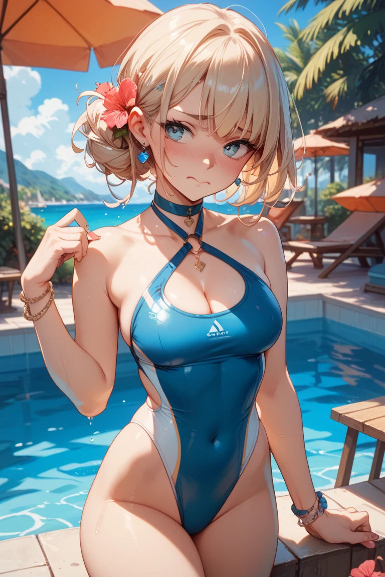 (highest quality)), ((masterpiece)), (family friendly), Perfect Face,Shiny skin,Beautiful breasts,Kyoto Animation style drawing,Shiny skin、hoodie、Sunburned skin、Sweat、Off the shoulder、((Polka dot swimsuit))、Double teeth、Sit on a chair、(((Leg spread)))
、Young、Big Breasts、Embrace、hot spring、dark skin、close、near、Having popsicles、night、Blonde、bath towel、(((Belly button)))