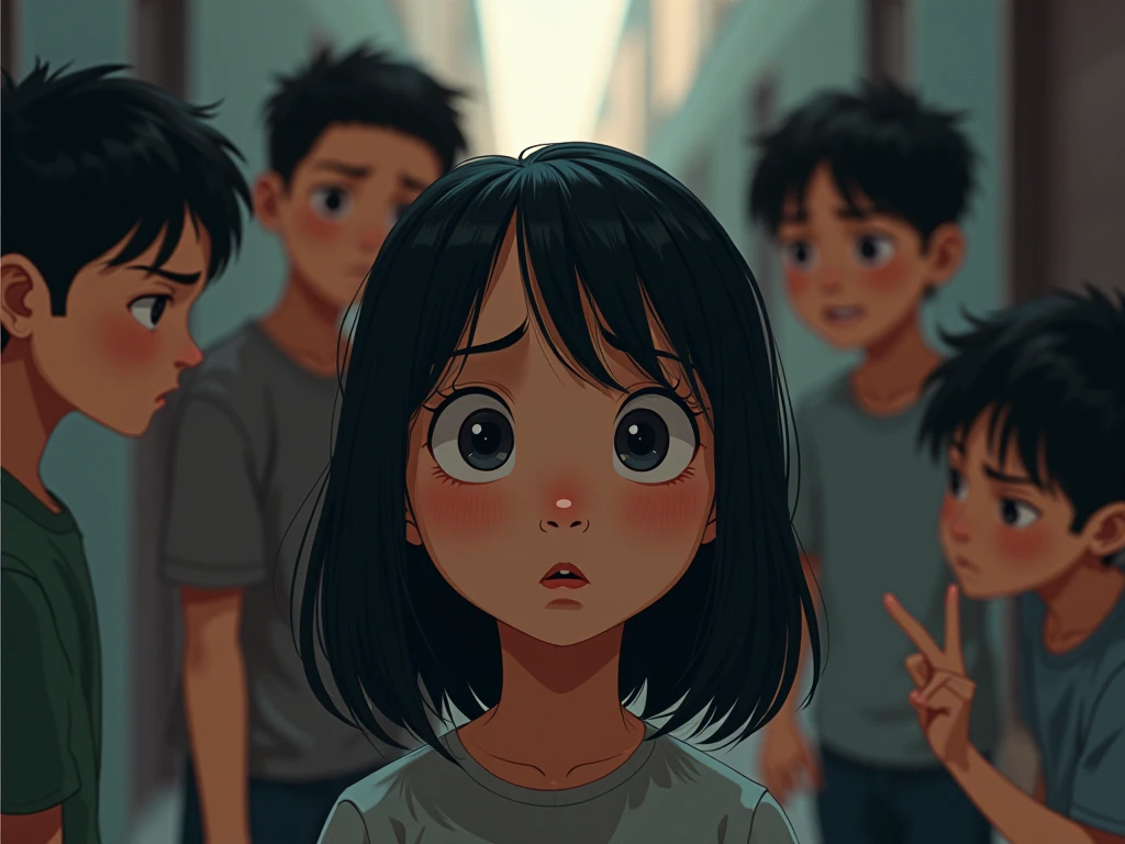 An image of a girl facing a group of other children, with his friends at his side, showing support