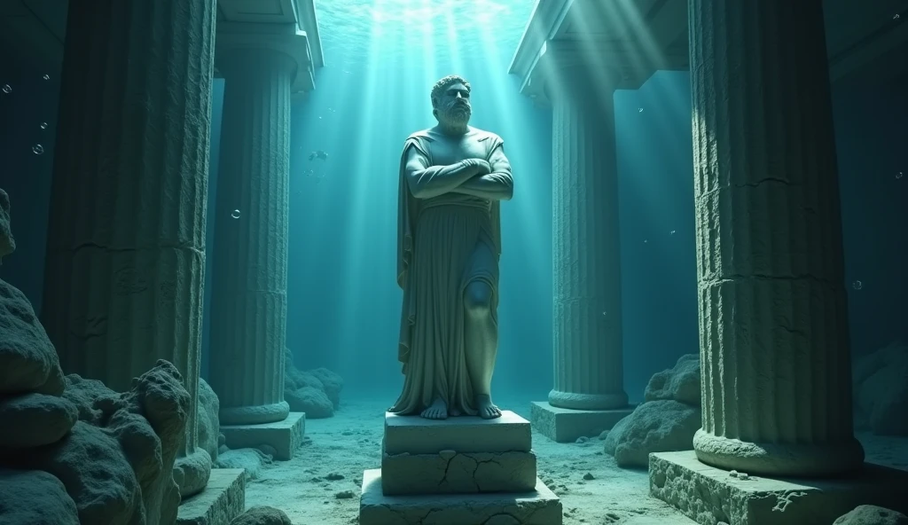 A realistic full-length Greek white marble statue of Marcus Aurelius the roman emperor, one statue only, wearing a ghostly tunic, very neutral background, Moody, photorealistic, cinematographic scene, super detailed, hyper realistic, bright lights, underwater scene, bottom of the ocean, weak flashes of light cross the water, blue color grade, blue color correction, low background luminosity, BEST QUALITY, 8K