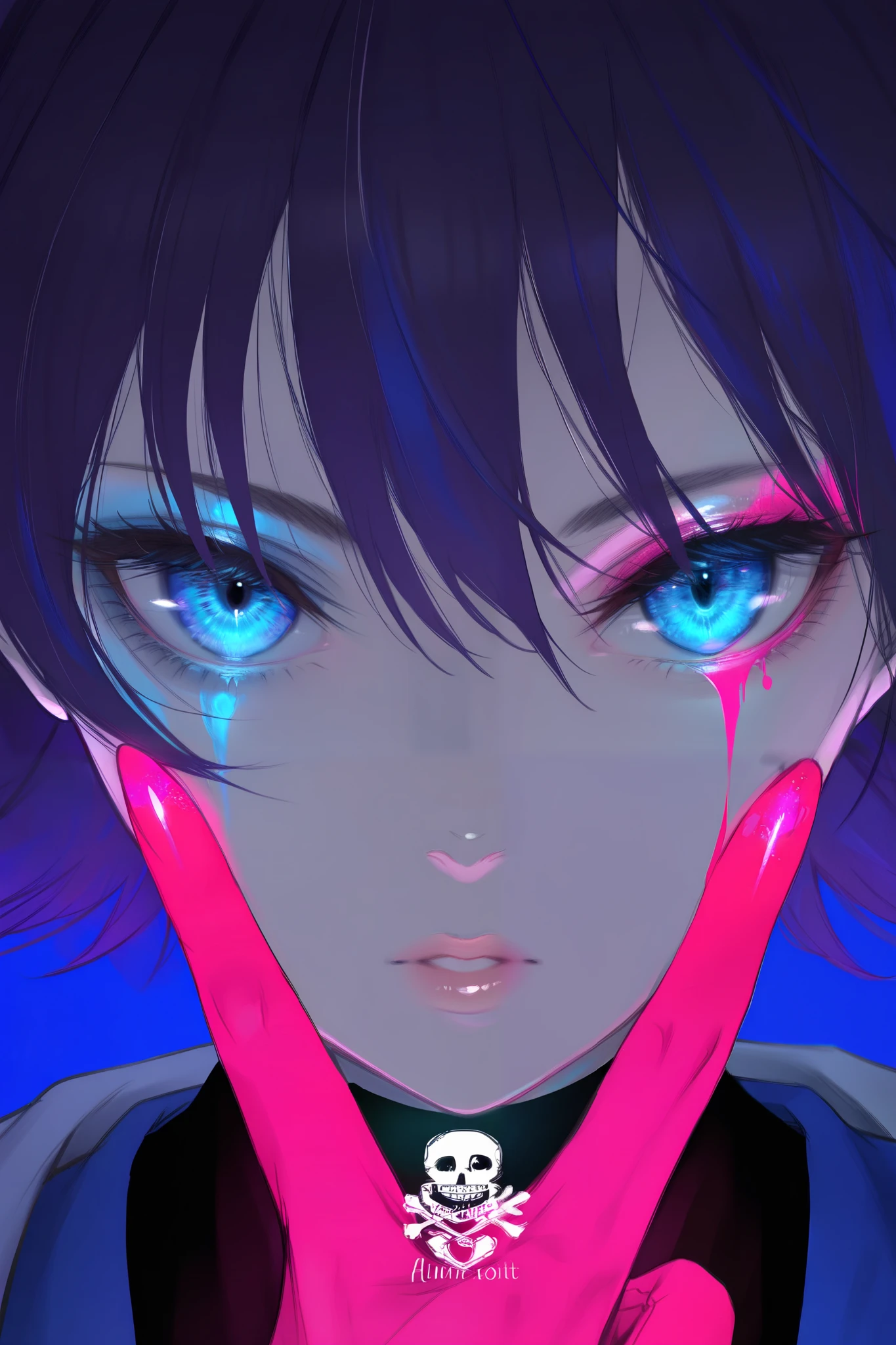 masterpiece, best quality, amazing quality, newest, very aesthetic, 1girl,Image is a digital artwork featuring a close-up of a female character with a stylized, semi-realistic appearance. Her skin is depicted in shades of purple and blue, creating a dramatic and moody atmosphere. She has striking, large eyes with one eye glowing in a vivid pink hue, adding a sense of intensity and mystery. Her hair is a deep blue, cascading around her face, and she has a contemplative expression. Her lips are painted a bold red, contrasting with the cooler tones of her skin and hair. The character's fingers are positioned near her face, with one finger touching her lower eyelid, emphasizing the focus on her eye. The overall composition is dynamic, with a strong use of color and shadow to create depth and emotion. In the bottom right corner, there is a small white text logo 'GGedit' in a simple, sans-serif font.