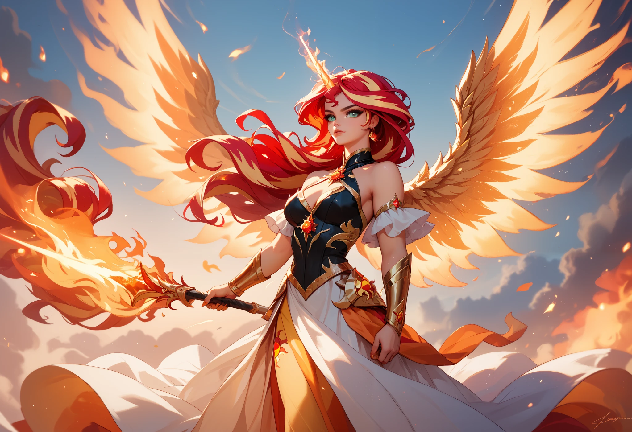 girl made of fire, descending from the sky like an angel, Sunset Shimmer, daydream shimmer, wearing a long flowing dress made of fire, hair is fire, upswept hair, ethereal unicorn horn on her forehead, ethereal wings spreading out from her back, badass