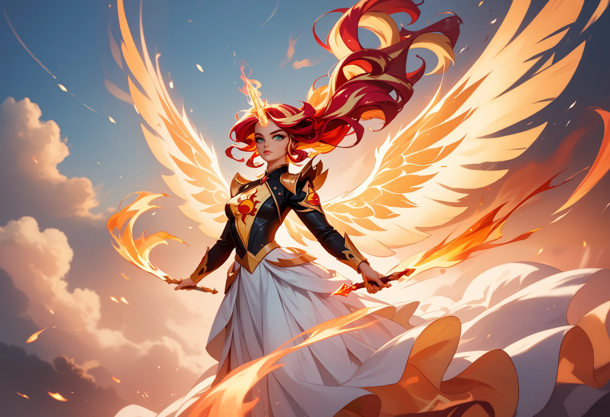 girl made of fire, descending from the sky like an angel, Sunset Shimmer, daydream shimmer, wearing a long flowing dress made of fire, hair is fire, upswept hair, ethereal unicorn horn on her forehead, ethereal wings spreading out from her back, badass