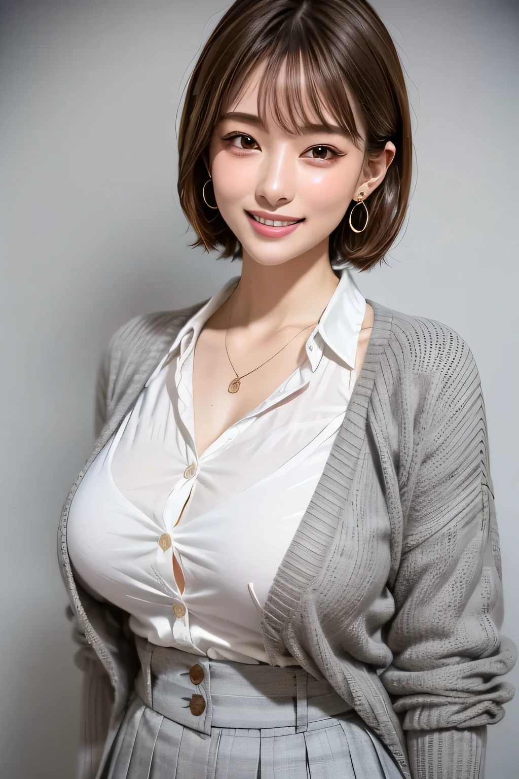 (Top Quality, masterpiece, formal, Key Light:The front is at a 45 degree angle , Auxiliary Light、backlight), accurate human body、Knowledgeable person, (Shine肌, realistic skin texture 、 beautiful skin details 、 Growing Skin 、 Growing Skin ), (Female 1), (Completely:1.2), grin,( shiny clothes with visible wrinkles :1.2), Shine, ( earrings), necklace, Attractive and perfect ratio, Attractive笑顔, fine surface texture , Attractive、 Short hair、 wear a cardigan over a white shirt、 Wear a gray pleated skirt, Big Breasts, ((background: Nothing))
