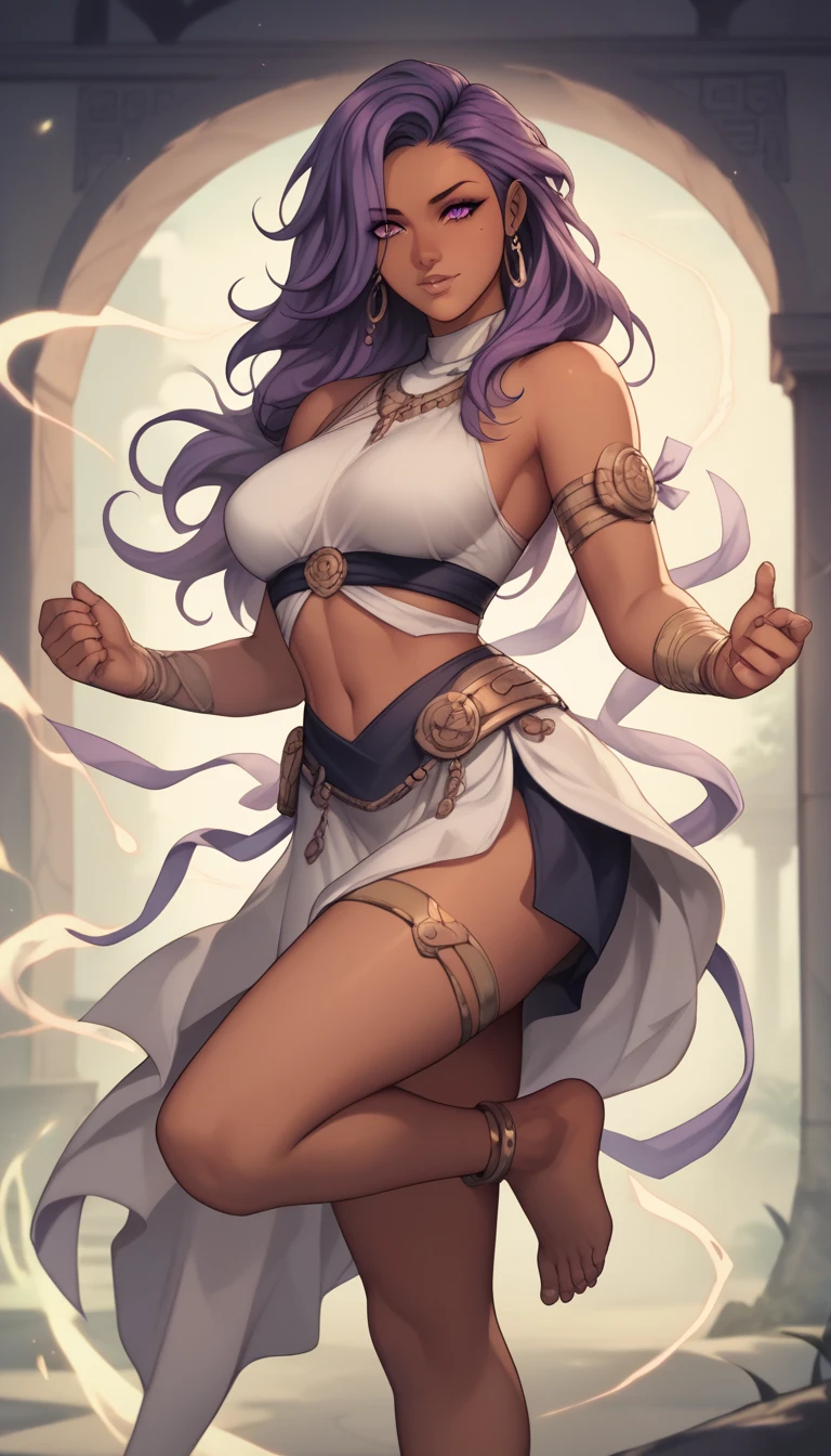(masterpiece, best quality, 4k, detailed, intricate, realistic),outside,dappled sunlight,1girl, danartemis, long hair,hair ribbon, circlet, halterneck, criss-cross halter, white and purple dress, armlet, white skirt, thigh boots <lora:danartemis-nvwls-v1:0.7>