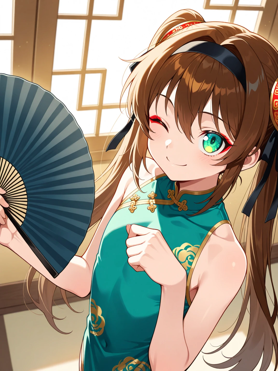Create an illustration of an anthropomorphized sparrow girl at a vibrant, colorful mahjong tournament. She is wearing a cheongsam with traditional Chinese patterns and accessories made from mahjong tiles. Her hair is a gradient of brown and white with highlights of fluorescent pink and green, and her eyes are bright brown with a touch of fluorescent glow. She is posed joyfully celebrating a win, holding a mahjong tile between her fingers. The background features mahjong tables under colorful neon lights and lanterns, creating a lively and energetic atmosphere. Her expression is a beaming, joyous smile, capturing her exuberant personality.Concept Art、Mandala、sexy、Exposed Skin、tribal tattoo
