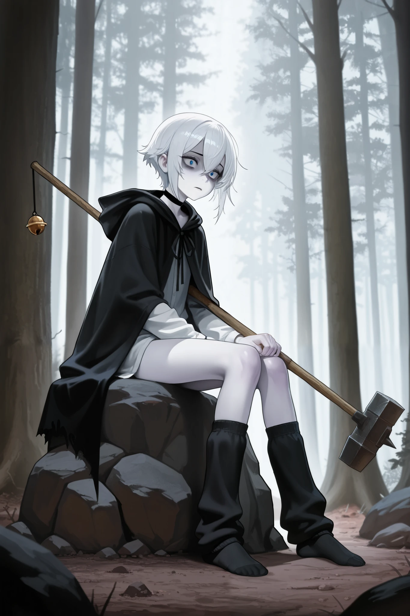 1 small thin man, pale skin,short white hair, gloomy face, distressed, wearing a black cloak, no pants, black fur leg warmers, no shoes, a golden bell tied around his neck, blue eyes, holding a long war hammer in his hand, sitting on a rock, against a forest background giving it a eerie atmosphere.