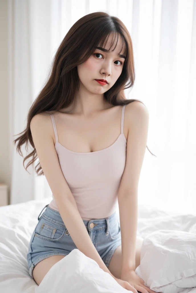 Wonyoung, Asian girl, pale skin, round eyes and long hair, brown in color. Hyperrealism photo, com qualidade 8k, clear clothing. A pink tank top, vertical litrsta with white.