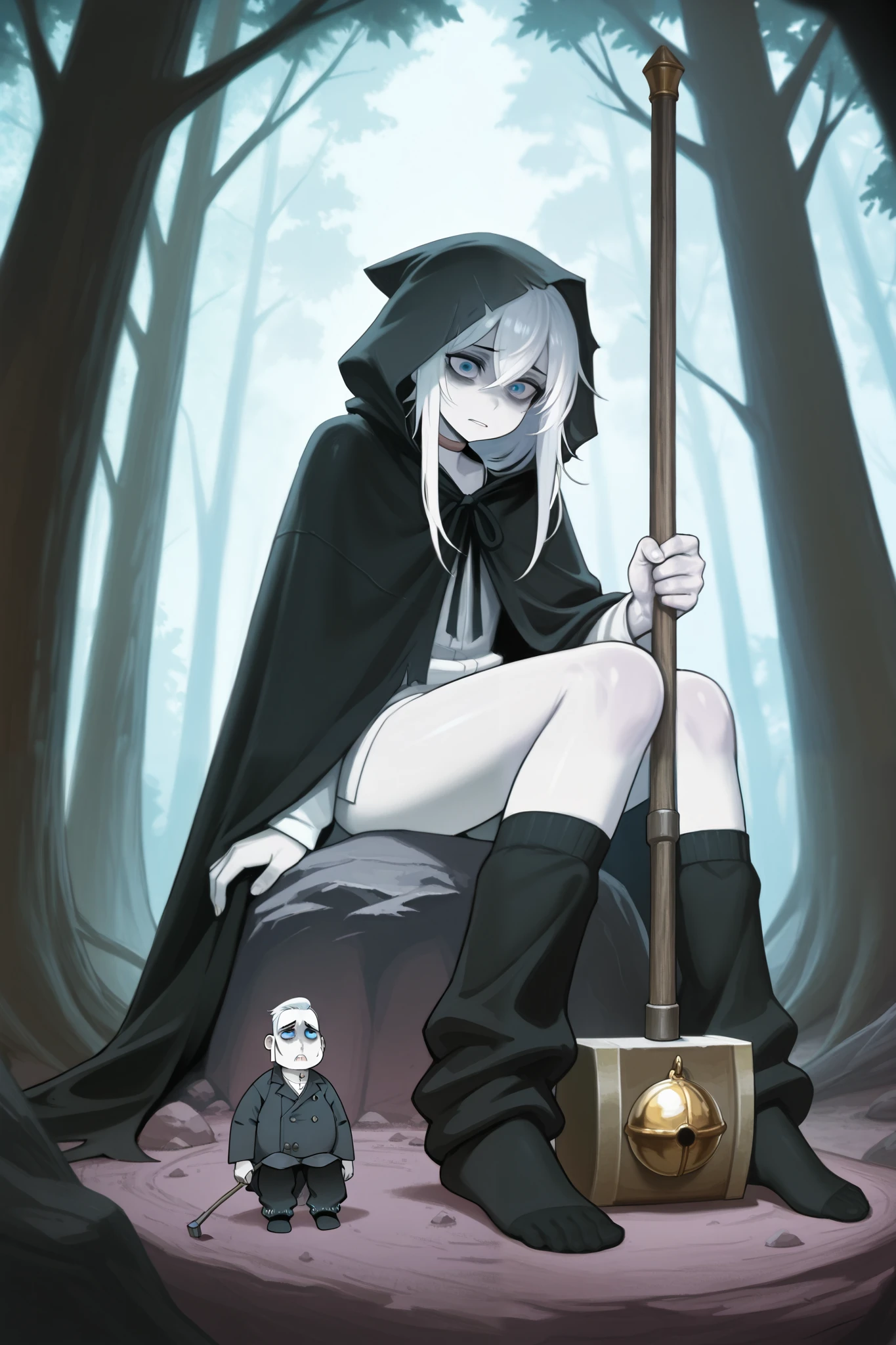 A small, thin man, pale skin, white hair, gloomy face, distressed, wearing a black cloak, no pants, black fur leg warmers, no shoes, a golden bell tied around his neck, blue eyes, holding a long war hammer in his hand, sitting on a rock, against a forest background giving it a eerie atmosphere.