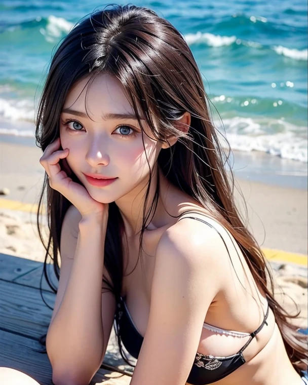 highest quality、8k、32K、Masseter muscle part、nffsw:1.3)、((Close-up:1.3)),cute japanese girl、1 girl、tits,naked、nude、((wet long hair))、profile、(crack your abs、slim body shape:1.2)、(lips) 、double eyelid、shiny skin、realistic rays of light、big、beautiful face、(laughter:1.3)、squat、(From above:1.2)、(Close-up:1.4)、coastal、blurred background、(front focus)、photo realistic、professional lighting、highly detailed face、award-winning、deep shadow、((Ultra-realistic raw photos)),fine eyes,Eyes like the real thing,fine hair,