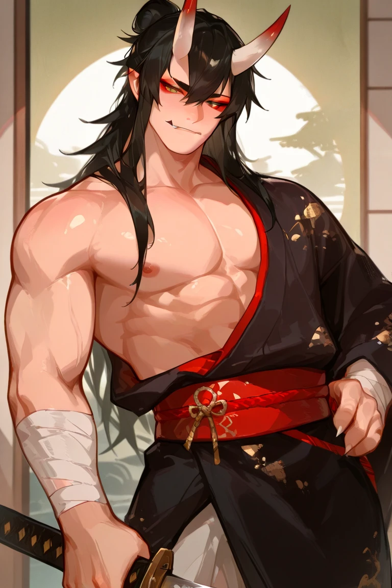 (masterpiece:1.3), (8K、最high quality:1.4), (japanese men), Powerful face, (thick eyebrows), (strong jaw and stubble), fearless smile, Cover your left eye with an eyepatch made from the tsuba of a Japanese sword.., has long hair in a topknot, powerful black eyes, muscular body, ((Yagyu Jubei)), ((samurai costume)), ((perfect anatomy)), (high detail skin: 1.2), (((wonderful Japanese sword))), two swords, big and small, (great muscles)、((Castle on Fire)), Meet the ninja, Pull out and hold the sword, sharp focus, contrast lighting, fine skin, High resolution 8K, crazy details, realistic, soft light , high quality, volume lighting, soft light, bright, neon, Bright colors, watercolor painting, bright色, Create digital artwork in pop art style