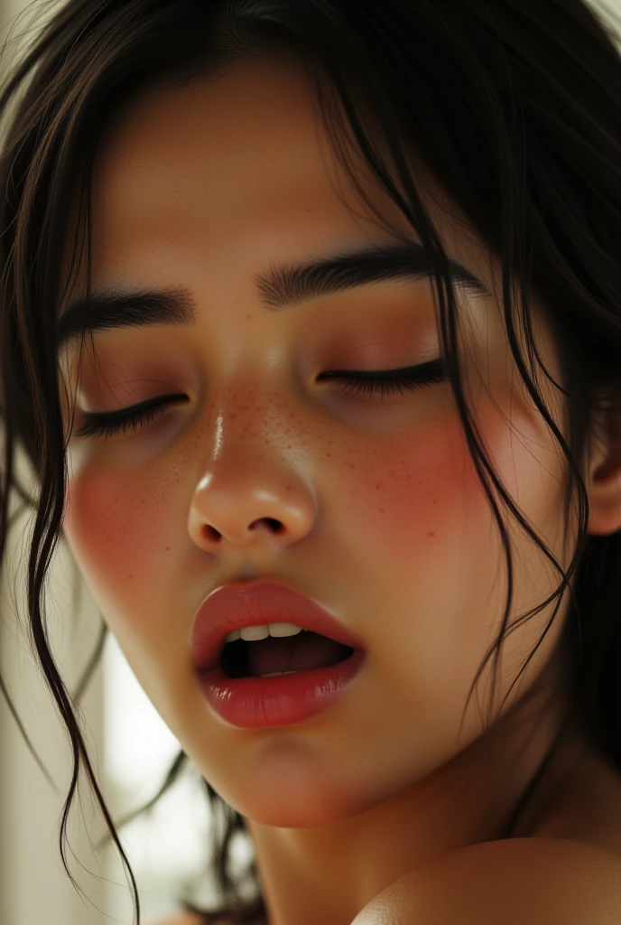 1 girl,realism, surrealism, written boundary depth, Hmm, retina, anatomically correct, rough skin, High resolution, highest quality, Super detailed, 8K (woman with open mouth and closed eyes ), 30 years old、black hair、shiny skin、close up of face,from below、realistic nostrils、elongated nasal cavity,、train、(train車内,at the window)、congestion、Rush hour commute,Are standing、Surrounded by six male passengers((suit))、man behind2人Are standing,big breasts、(sharp nose)frown performance:1.4, concept,teeth,performance,facial performances,frown,please raise your head、Skin shiny with sweat,Cumming face after being molested,beautiful japanese woman,
